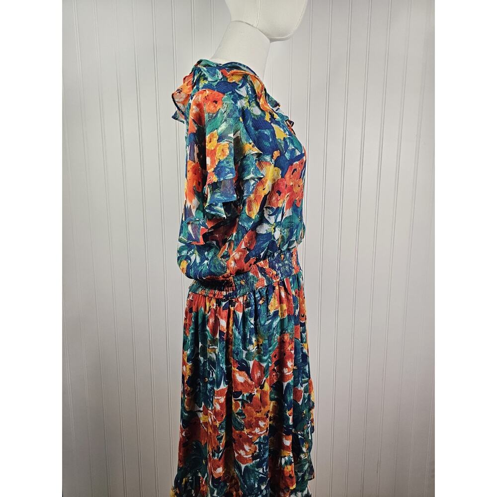 Duro Olowu Floral Chiffon Ruffle Dress Women's L Midi Rouched Waist Gorgeous - Picture 4 of 7